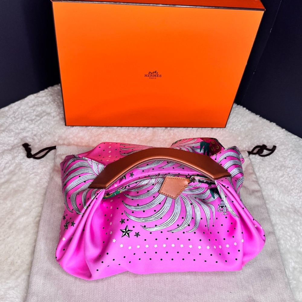 Hermes Pink and Brown Cosmetic Bag with Ruched Design